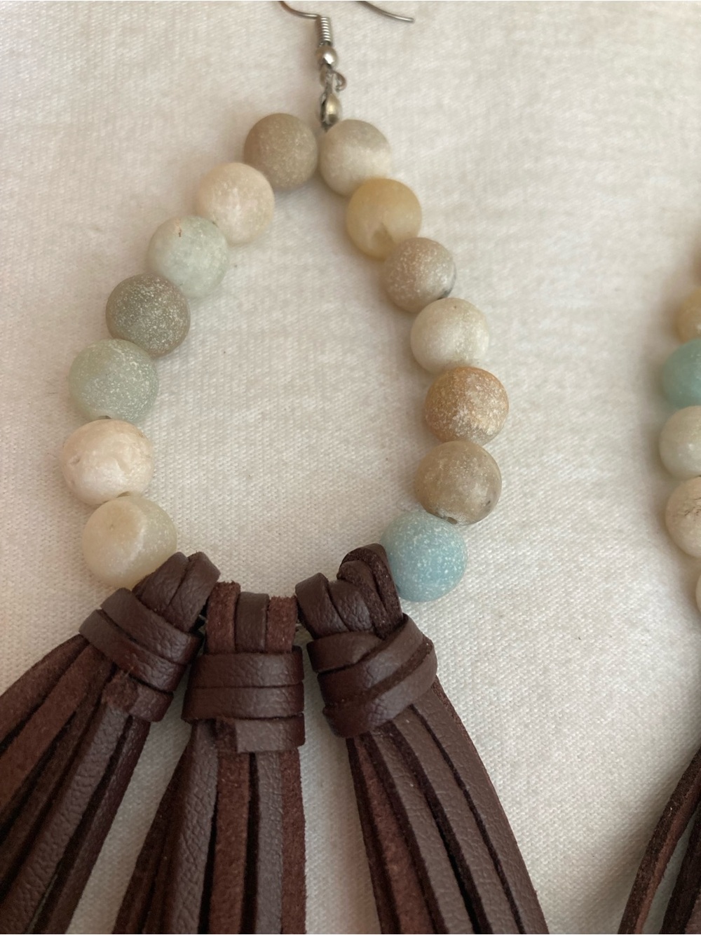 Beaded Dangle Earrings with Brown Faux Leather Tassel - Picture 6 of 7